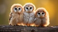 Three Baby Owls: A Captivating Portrait In Light Orange And Brown