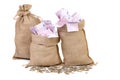 Three bags with many euro banknotes. Royalty Free Stock Photo