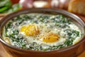 Three baked eggs over spinach in ceramic dish. Neural network AI generated Royalty Free Stock Photo