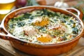 Three baked eggs over spinach in ceramic dish. Neural network AI generated Royalty Free Stock Photo