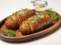 Three baked potatoes on a wooden platter