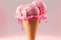 Three balls of delicious strawberry ice cream in wafer cone, pink milk splash, generated arificial intelligence Royalty Free Stock Photo