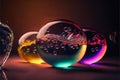 three balls with different colors of liquid in them on a table top with a black background and a brown background Royalty Free Stock Photo