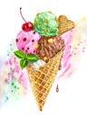 Three balls of Ice Cream Cone, watercolor illustration