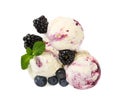 Three balls of ice cream with fresh blueberries, blackberries an Royalty Free Stock Photo