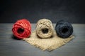 Three balls of natural hemp or sisal twine Royalty Free Stock Photo