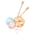 Three balls of thread and wooden knitting needles. Watercolor template illustration of tangles of wool knitting