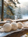 Three balls of yarn on a wooden table in a snowy forest Royalty Free Stock Photo