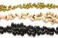 Three bands of different beans