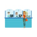 Three Bank Operators In Glass Cubicles And Woman Client. Bank Service, Account Management And Financial Affairs Themed