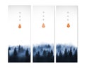 Three banners with blue misty winter forest trees and place for your text. Traditional oriental ink painting sumi-e, u Royalty Free Stock Photo