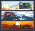 Three banners with off-road vehicles with difficult roads Royalty Free Stock Photo