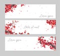Three banners with Oriental cherry blossoming branch and falling sakura petals. Traditional oriental ink painting sumi-e Royalty Free Stock Photo