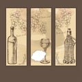 Three banners of sketch grapes, wine, bottle