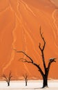Three bare trees stand in front of an orange sand dune with wavy patterns Royalty Free Stock Photo