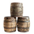 Three barrels lie on top of each other in a pyramid. Old wine barrels isolated on a white or transparent background