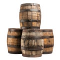 Three barrels lie on top of each other in a pyramid. Old wine barrels isolated on a white or transparent background