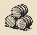 Three barrels of wine. Alcohol vintage vector illustration