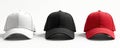 Three baseball caps in white, black, and red colors are placed in a row. They are clean, empty, and ready for customization or Royalty Free Stock Photo