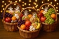 Three baskets of fruit are arranged on a table Royalty Free Stock Photo