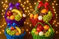 Three baskets of fruit are arranged on a table Royalty Free Stock Photo