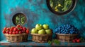 Three baskets of fruit on a wooden table Royalty Free Stock Photo