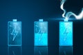 Three batteries in the process of charging, empty, medium and full load. Health, saving and eco concept Royalty Free Stock Photo