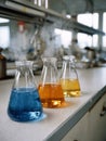 Three beakers with colored liquids emitting smoke in a lab. Royalty Free Stock Photo
