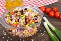 Three bean salad with sweetcorn, chickpeas and red onion Royalty Free Stock Photo
