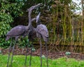 Three beautiful bird statues in a garden, backyard decorations, gardens in japanese style