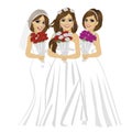 Three beautiful brides wearing different bride dresses posing with bouquet of roses