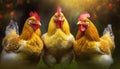 Three beautiful brown hens stand in a beautiful garden. Art portrait of chickens in nature Royalty Free Stock Photo