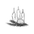 Three beautiful candles with a pine branch and Christmas tree ball toy in black isolated on white background. Hand drawn vector Royalty Free Stock Photo