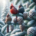 Three Beautiful Cardinal Birds In Winter Perched On A Pine Tree Covered With Snow AI Generated Royalty Free Stock Photo