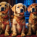 Three beautiful cute labrador puppies posing, dogs looking at the camera