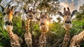 Three beautiful giraffes with long necks and spotted coats standing elegantly in a tranquil field under a clear blue sky