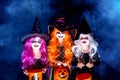 Three Beautiful girl in a witch costume on a dark background in smoke scaring and making faces Royalty Free Stock Photo