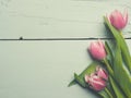 Three pink tulips on wood Royalty Free Stock Photo