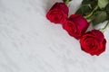 Three beautiful red roses on a marble table. Copy space