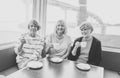 Three beautiful senior women enjoying retirement together having tea or coffee Royalty Free Stock Photo