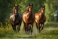 Three Beautiful Shiny Horses Running Through A Green Meadow. Generative AI Royalty Free Stock Photo