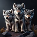 Three beautiful Siberian husky puppies on a dark background. 3d rendering AI generated animal ai