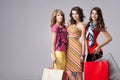 Three beautiful young women holding shopping bags Royalty Free Stock Photo