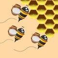 Three Bee Carrying Honey Jar Back To The Honeycomb. Vector Illustration