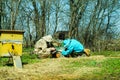 Three beekeepers work on an apiary at hive. Sunny day. Royalty Free Stock Photo