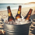 Three beer bottles in bucket full of ice cubes beach. ai generative Royalty Free Stock Photo