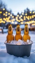 Three Beer Bottles in a Metal Tub Filled with Ice, Out of Focus String Lights in the Background Royalty Free Stock Photo