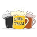 Three beer mugs with the words BEER TEAM for stickers, banners, logos, stickers and theme design. Color vector illustration