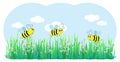 Three bees flying on flowers and grass, cartoon vector Royalty Free Stock Photo