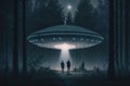 Three beings in front of a UFO in a clearing in the middle of the forest at night.